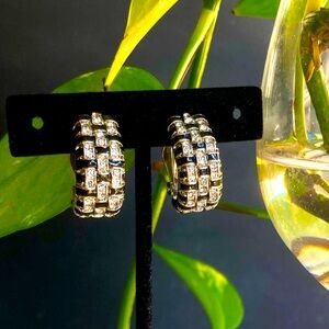 Rhinestone Black Enamel Silver-tone Basketweave Elegant Clip-on Earrings NEW!